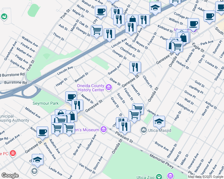 map of restaurants, bars, coffee shops, grocery stores, and more near 2 Avery Place in Utica