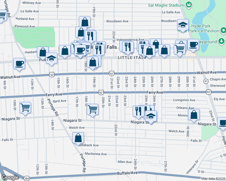map of restaurants, bars, coffee shops, grocery stores, and more near 518 21st Street in Niagara Falls