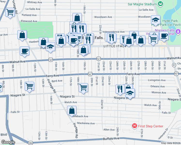 map of restaurants, bars, coffee shops, grocery stores, and more near 514 20th Street in Niagara Falls