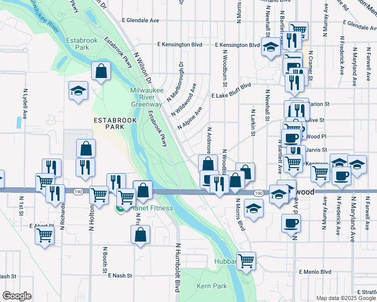 map of restaurants, bars, coffee shops, grocery stores, and more near 4204 North Olsen Avenue in Shorewood