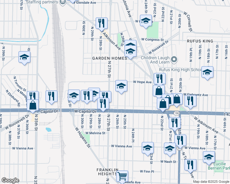 map of restaurants, bars, coffee shops, grocery stores, and more near 4114 North 27th Street in Milwaukee