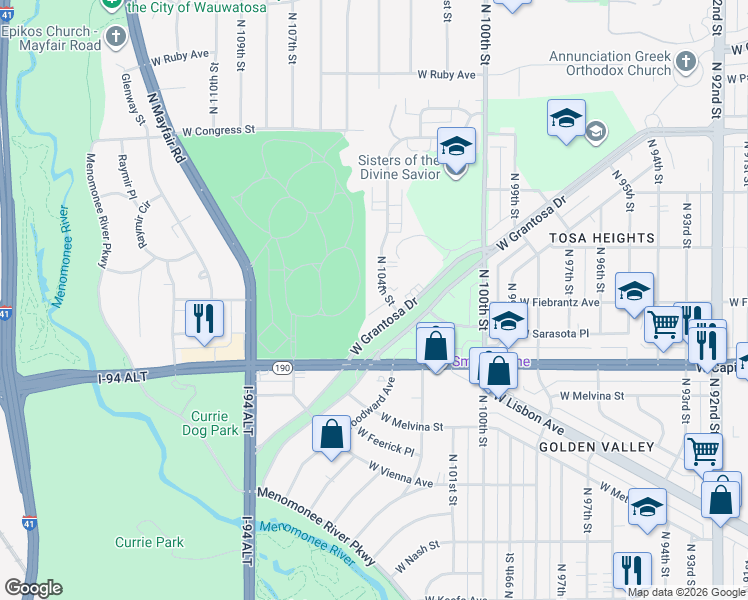 map of restaurants, bars, coffee shops, grocery stores, and more near 4129 North 104th Street in Milwaukee