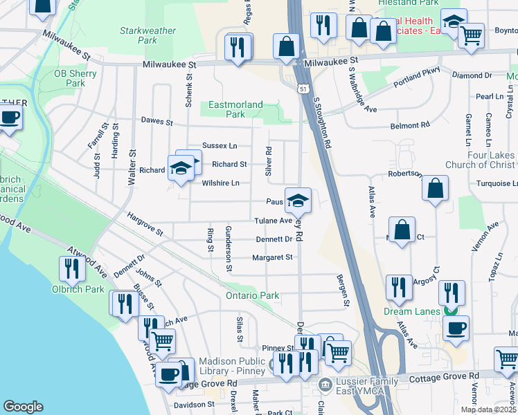 map of restaurants, bars, coffee shops, grocery stores, and more near 3802 Paus Street in Madison