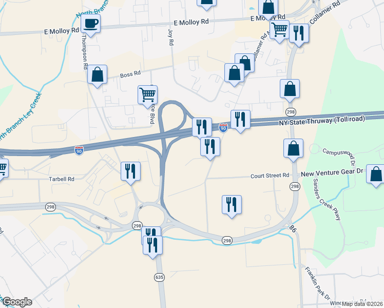 map of restaurants, bars, coffee shops, grocery stores, and more near 6409 Yorktown Circle in East Syracuse