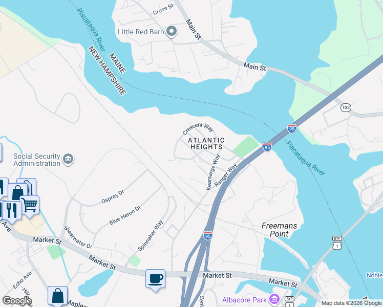 map of restaurants, bars, coffee shops, grocery stores, and more near 229 Raleigh Way in Portsmouth