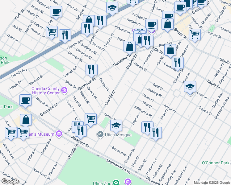 map of restaurants, bars, coffee shops, grocery stores, and more near 1523 Oneida Street in Utica