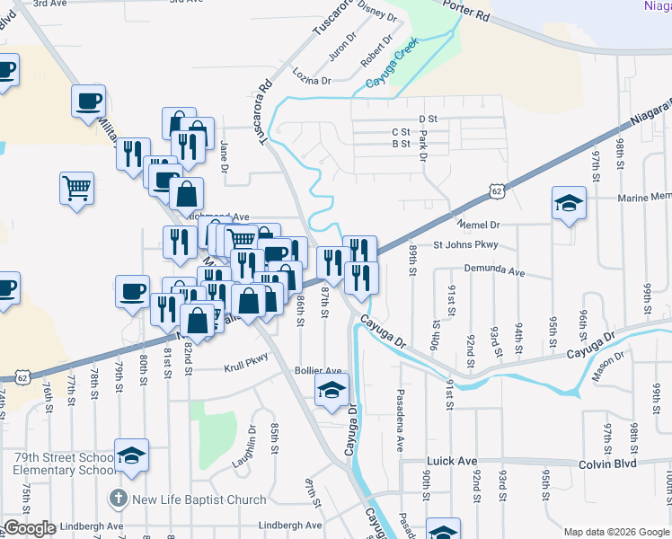map of restaurants, bars, coffee shops, grocery stores, and more near 8745 Niagara Falls Boulevard in Niagara Falls