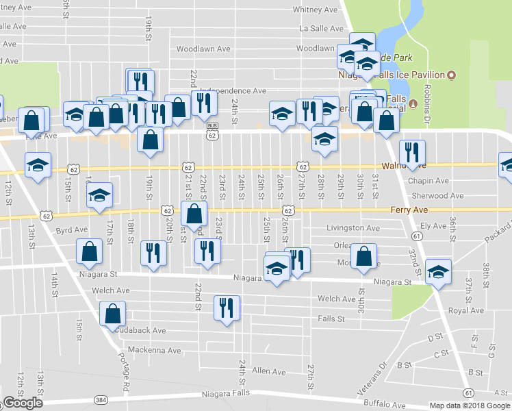 map of restaurants, bars, coffee shops, grocery stores, and more near 506 25th Street in Niagara Falls