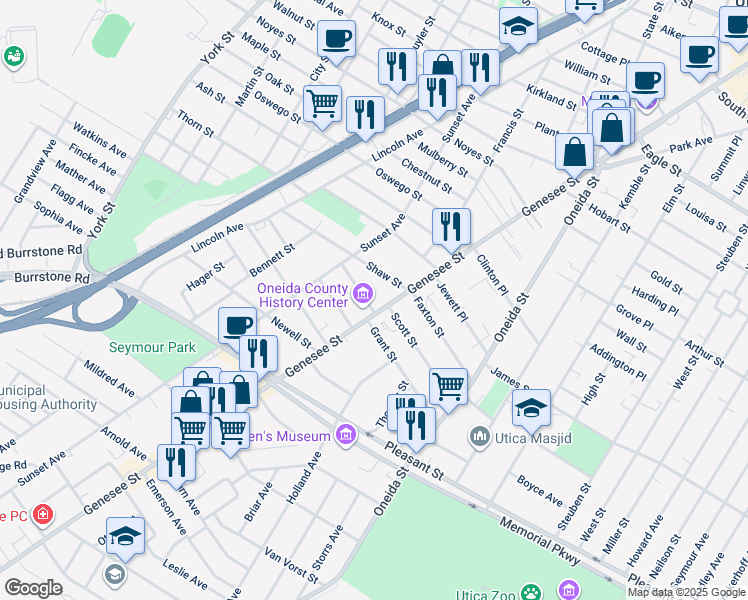 map of restaurants, bars, coffee shops, grocery stores, and more near 1606 Genesee Street in Utica
