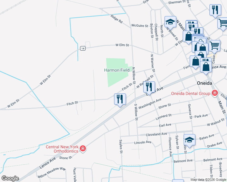 map of restaurants, bars, coffee shops, grocery stores, and more near 542 Fitch Street in Oneida