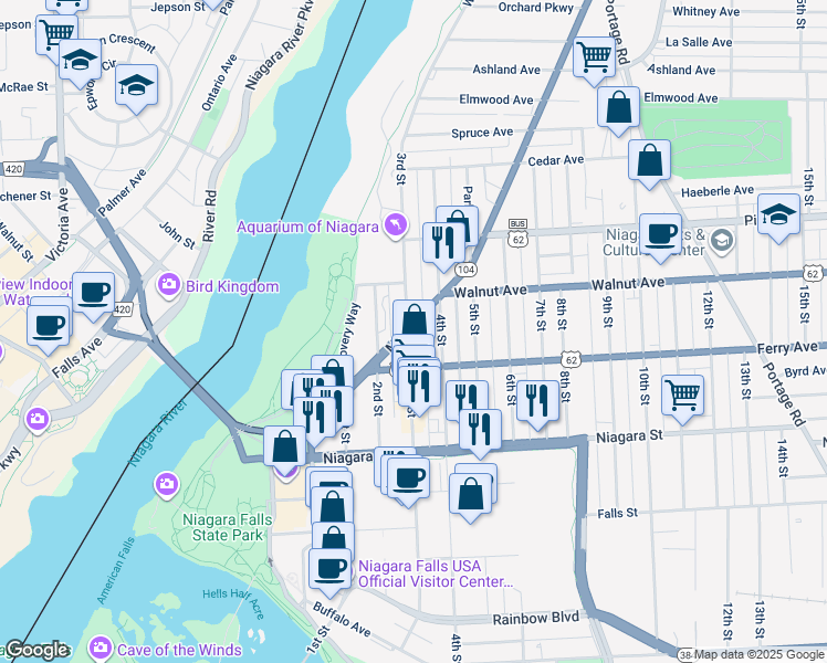 map of restaurants, bars, coffee shops, grocery stores, and more near 539 Main Street in Niagara Falls