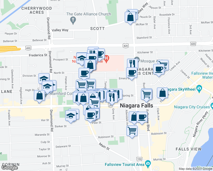 map of restaurants, bars, coffee shops, grocery stores, and more near 5712 Temperance Avenue in Niagara Falls