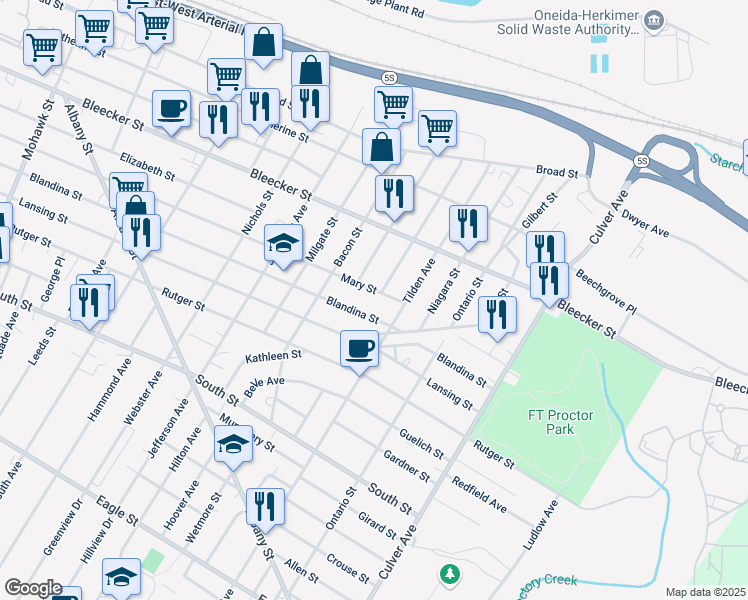 map of restaurants, bars, coffee shops, grocery stores, and more near 1328 Mary St in Utica
