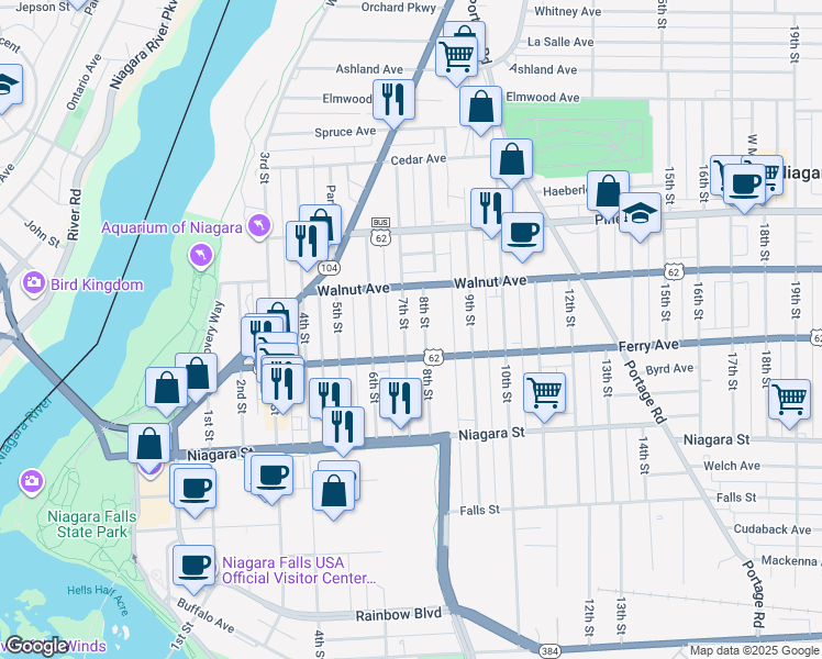 map of restaurants, bars, coffee shops, grocery stores, and more near 527 7th Street in Niagara Falls