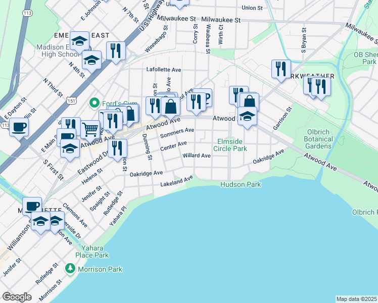 map of restaurants, bars, coffee shops, grocery stores, and more near 2405 Center Avenue in Madison