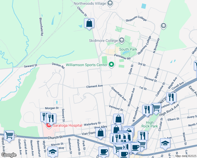 map of restaurants, bars, coffee shops, grocery stores, and more near 247 Clinton Street in Saratoga Springs