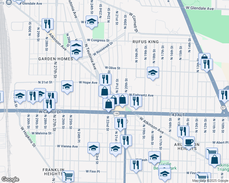 map of restaurants, bars, coffee shops, grocery stores, and more near in Milwaukee
