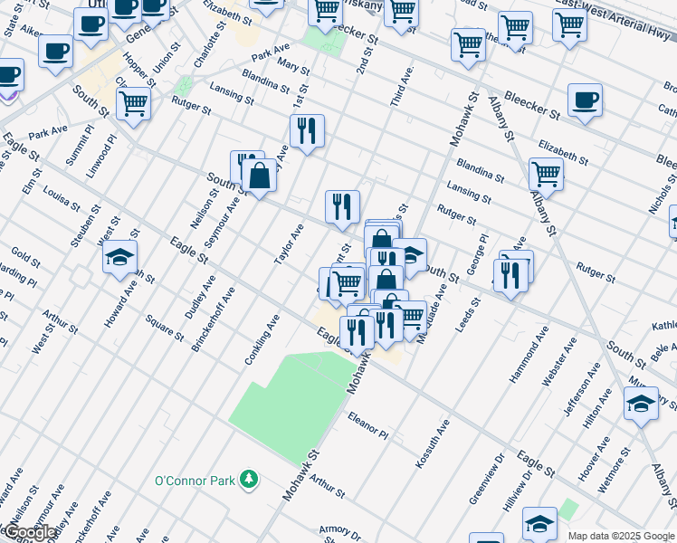 map of restaurants, bars, coffee shops, grocery stores, and more near 1122 Saint Vincent Street in Utica