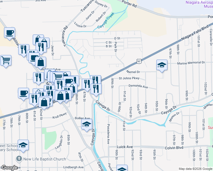 map of restaurants, bars, coffee shops, grocery stores, and more near 1294 89th Street in Niagara Falls