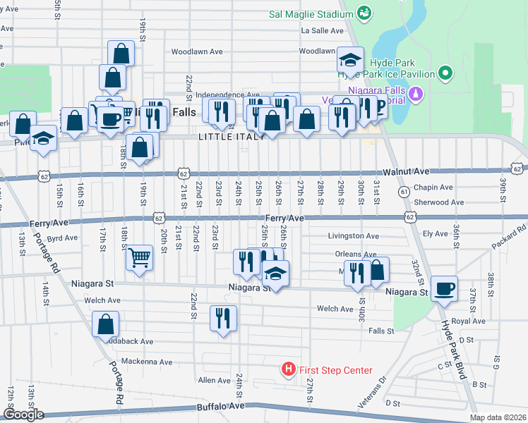 map of restaurants, bars, coffee shops, grocery stores, and more near 514 25th Street in Niagara Falls