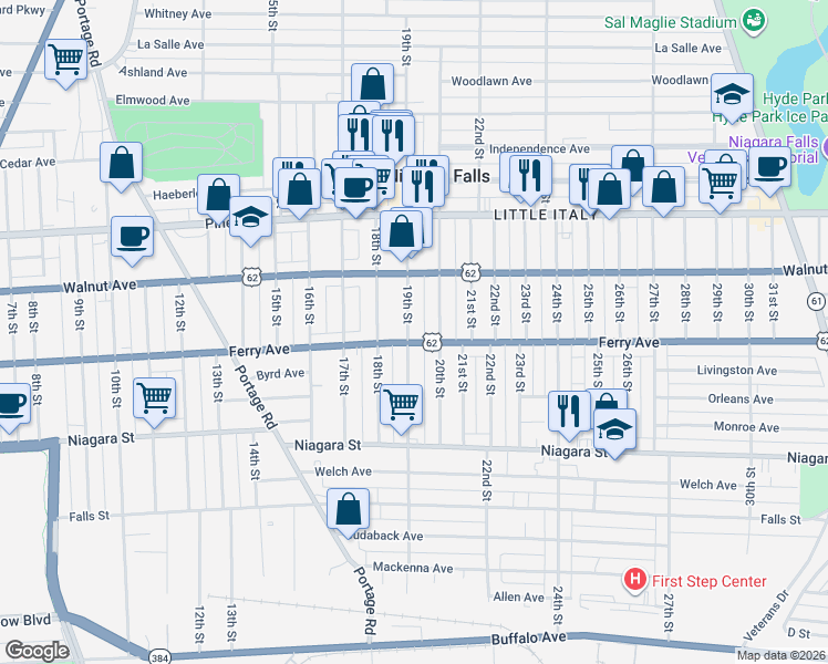 map of restaurants, bars, coffee shops, grocery stores, and more near 514 20th Street in Niagara Falls