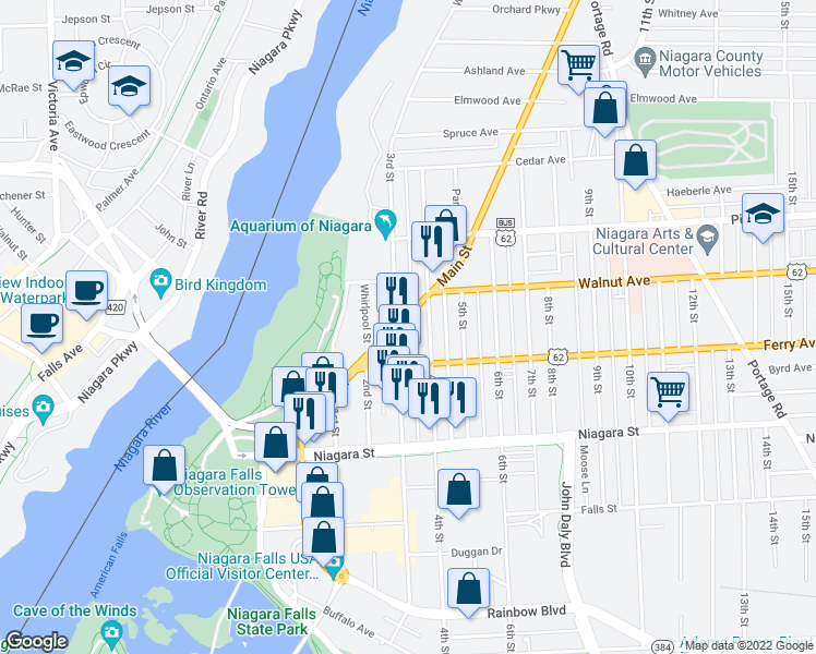 map of restaurants, bars, coffee shops, grocery stores, and more near 547 Main Street in Niagara Falls