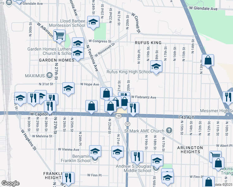 map of restaurants, bars, coffee shops, grocery stores, and more near in Milwaukee