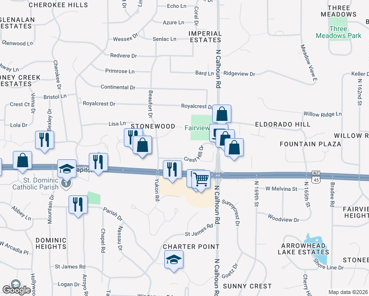 map of restaurants, bars, coffee shops, grocery stores, and more near 17390 Crest Hill Drive in Brookfield