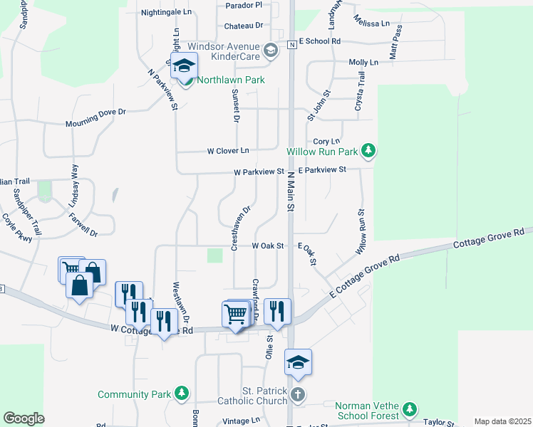 map of restaurants, bars, coffee shops, grocery stores, and more near 731 Crawford Drive in Cottage Grove