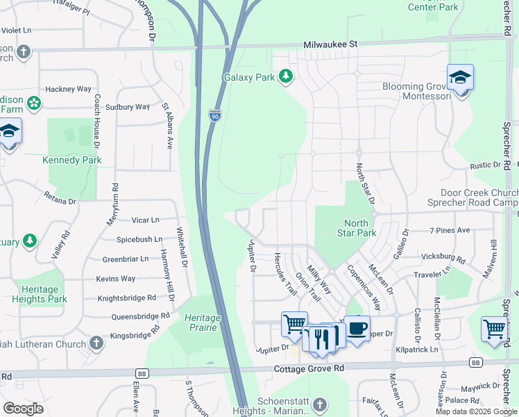 map of restaurants, bars, coffee shops, grocery stores, and more near 5917 Carter Moon Pass in Madison