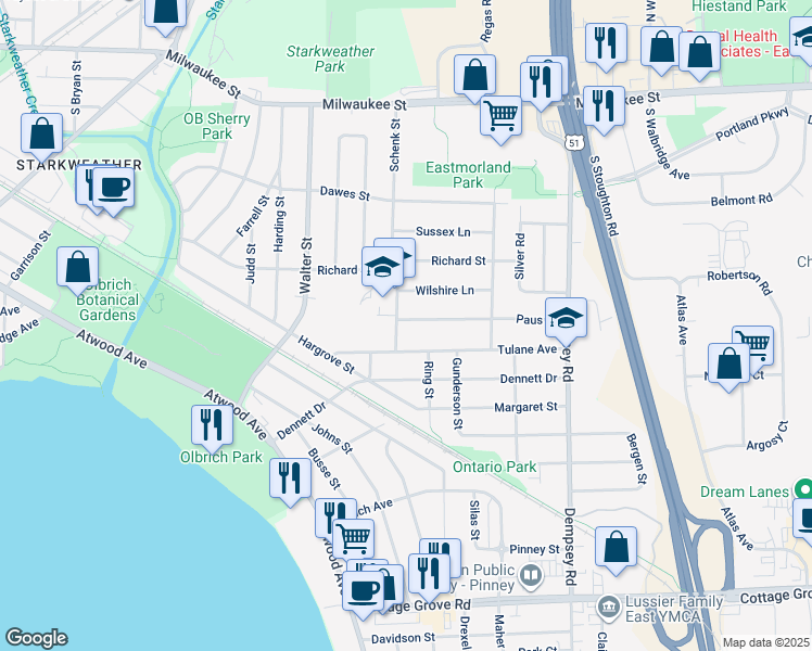 map of restaurants, bars, coffee shops, grocery stores, and more near 230 Schenk Street in Madison