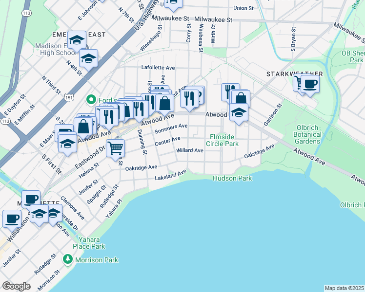 map of restaurants, bars, coffee shops, grocery stores, and more near 2405 Center Avenue in Madison