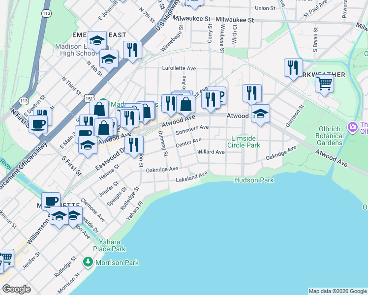 map of restaurants, bars, coffee shops, grocery stores, and more near 2315 Center Avenue in Madison