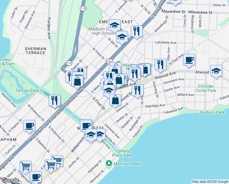 map of restaurants, bars, coffee shops, grocery stores, and more near in Madison
