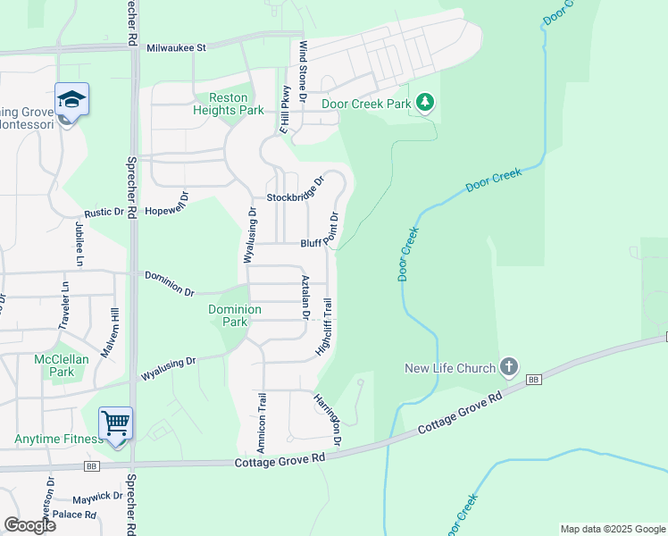 map of restaurants, bars, coffee shops, grocery stores, and more near 525 Highcliff Trail in Madison