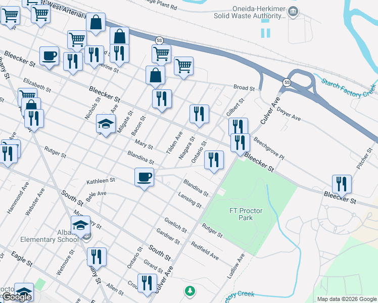 map of restaurants, bars, coffee shops, grocery stores, and more near 511 Niagara Street in Utica