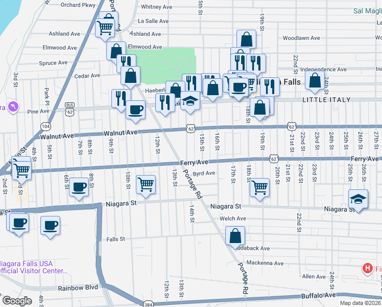 map of restaurants, bars, coffee shops, grocery stores, and more near 521 Tronolone Place in Niagara Falls