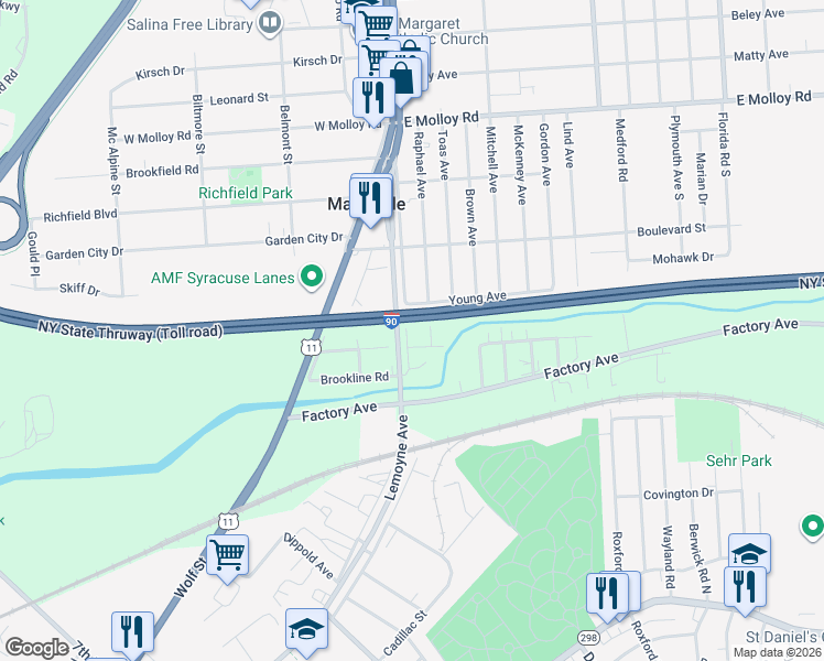 map of restaurants, bars, coffee shops, grocery stores, and more near 2212 Lemoyne Avenue in Syracuse