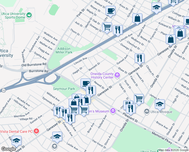 map of restaurants, bars, coffee shops, grocery stores, and more near 1644 Sunset Avenue in Utica
