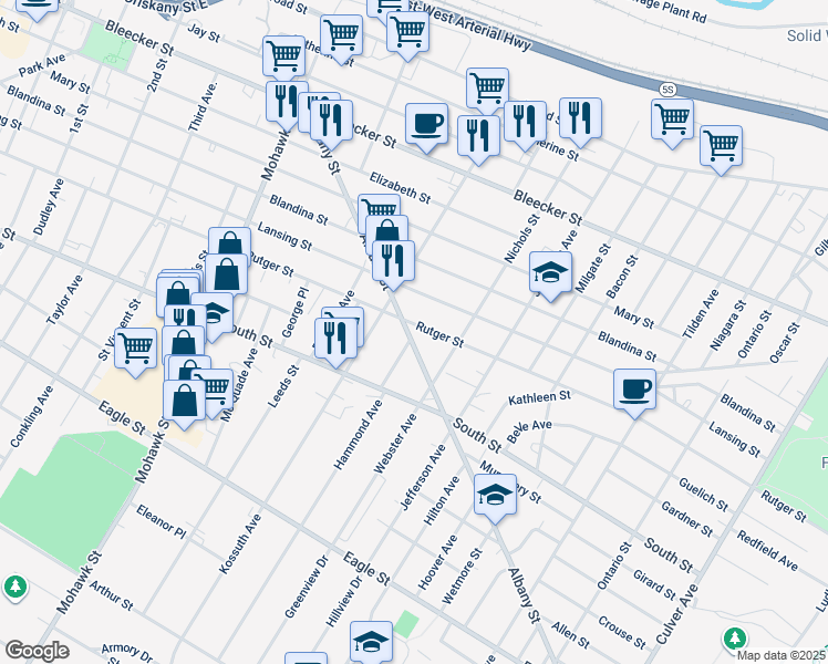 map of restaurants, bars, coffee shops, grocery stores, and more near 914 Rutger Street in Utica