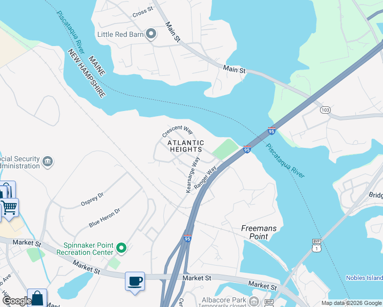 map of restaurants, bars, coffee shops, grocery stores, and more near 128 Concord Way in Portsmouth