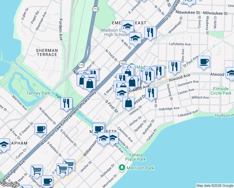 map of restaurants, bars, coffee shops, grocery stores, and more near 1958 Atwood Avenue in Madison