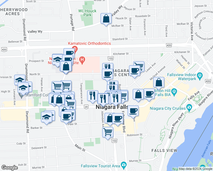 map of restaurants, bars, coffee shops, grocery stores, and more near 5687 Stanley Avenue in Niagara Falls