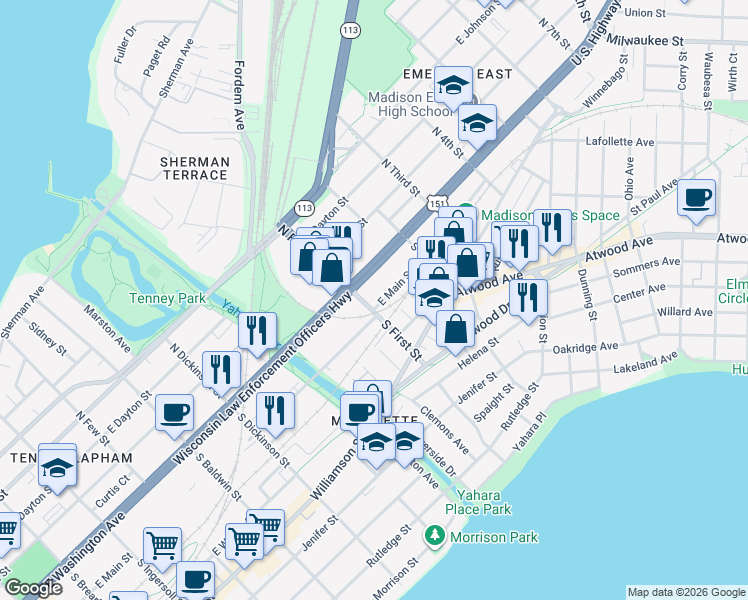 map of restaurants, bars, coffee shops, grocery stores, and more near 1908 East Main Street in Madison