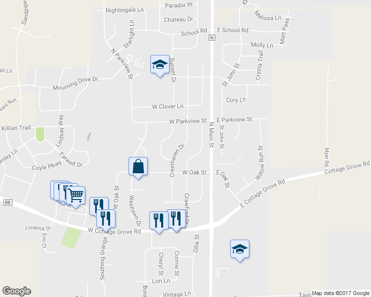 map of restaurants, bars, coffee shops, grocery stores, and more near 726 Cresthaven Drive in Cottage Grove