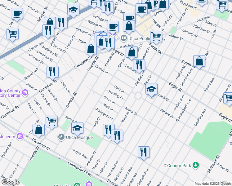 map of restaurants, bars, coffee shops, grocery stores, and more near 117 Harding Place in Utica