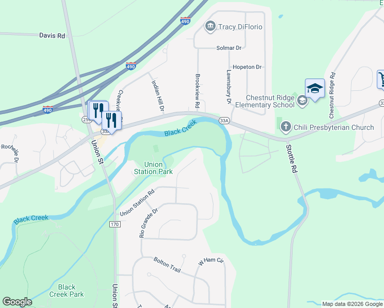 map of restaurants, bars, coffee shops, grocery stores, and more near 37 Trestle Trail in North Chili