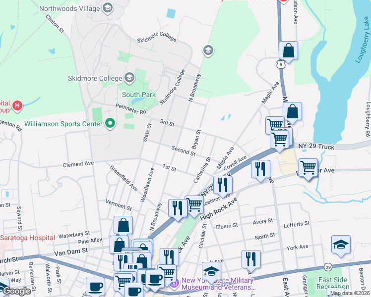 map of restaurants, bars, coffee shops, grocery stores, and more near 720 North Broadway in Saratoga Springs