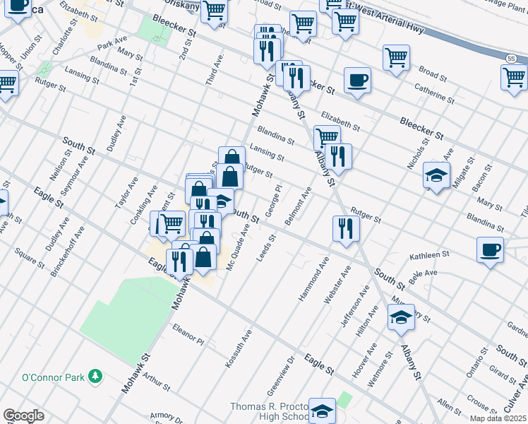 map of restaurants, bars, coffee shops, grocery stores, and more near 1009 Young Place in Utica