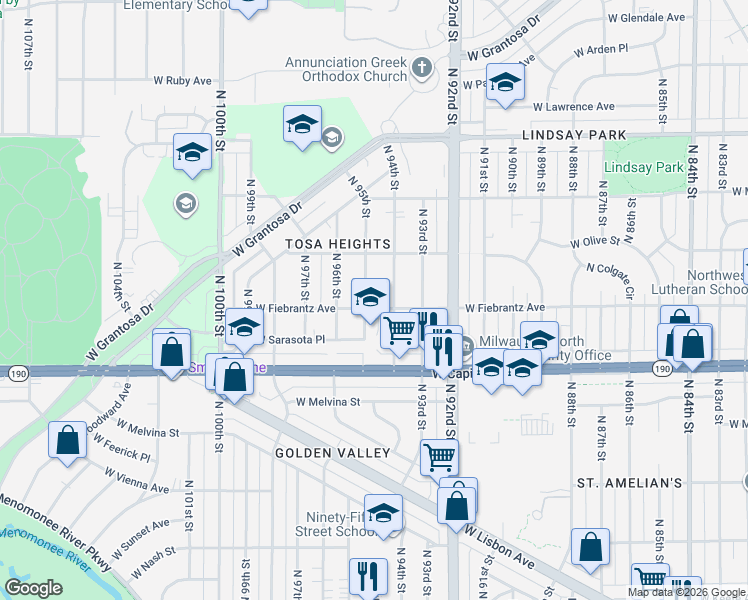 map of restaurants, bars, coffee shops, grocery stores, and more near 4115 North 94th Street in Wauwatosa